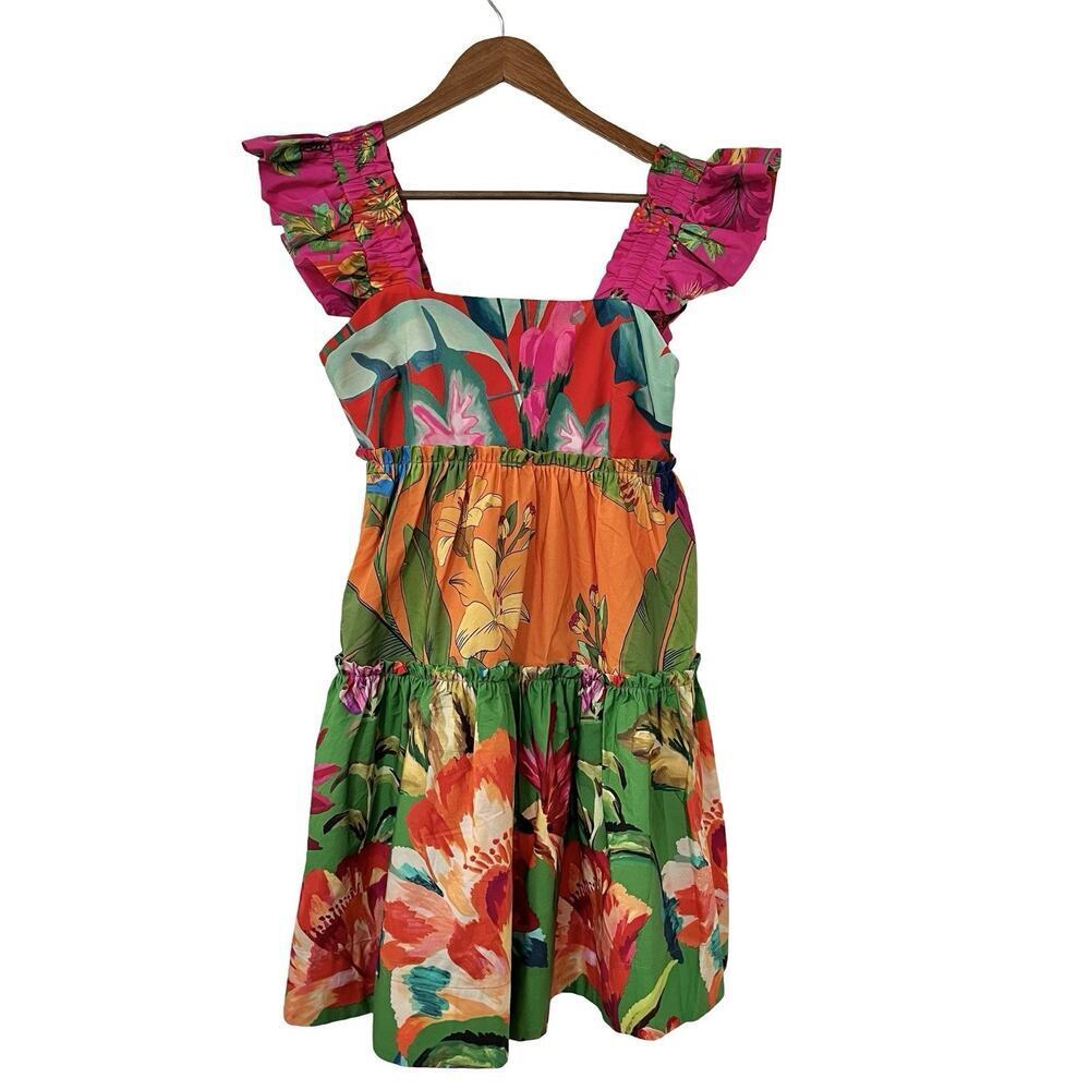 Farm Rio Colorful Foliage Floral Tiered Mini Dress Size XS Tropical Resort Wear